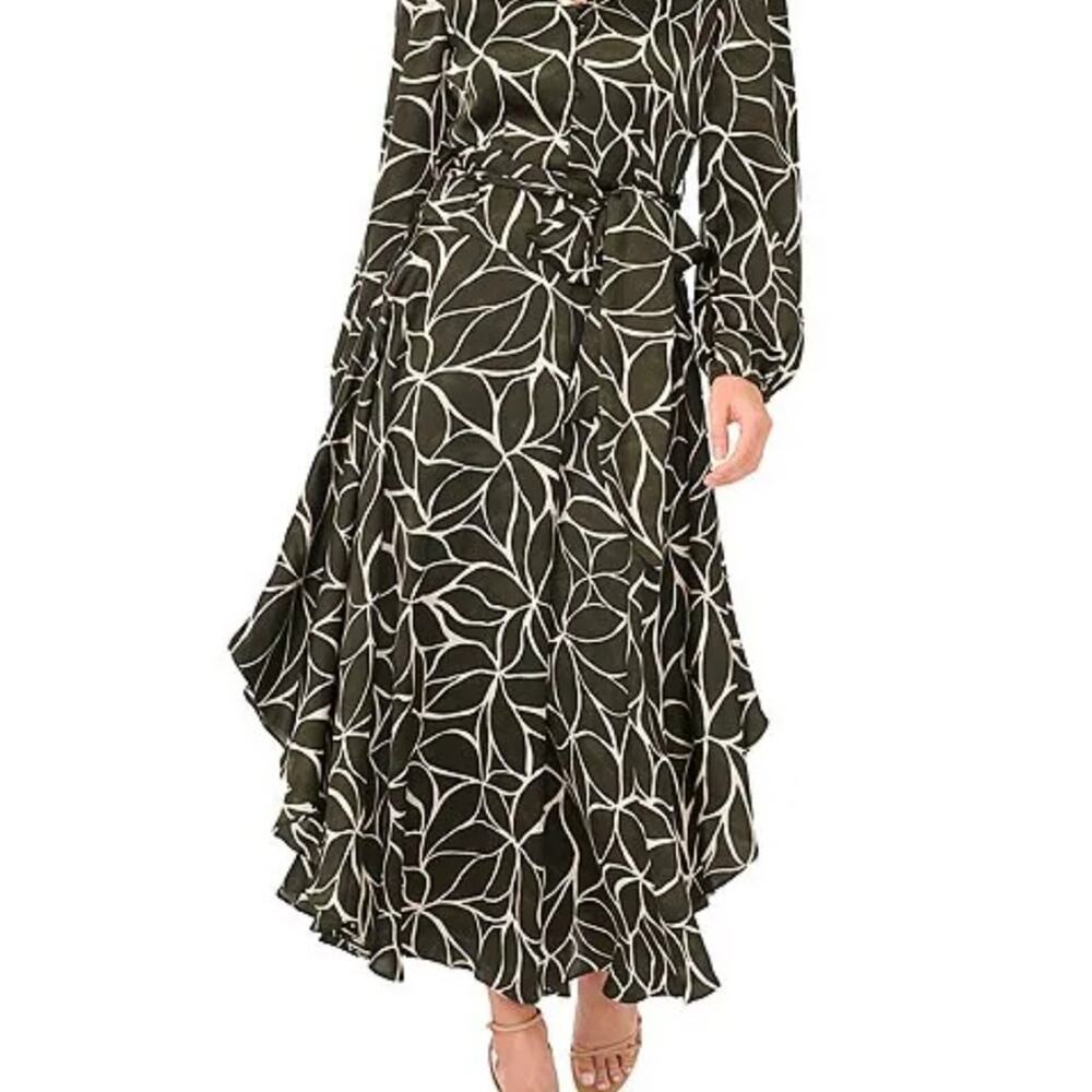 Vince Camuto Green Long Blouson Sleeve Button Front Tie at Waist A-Line